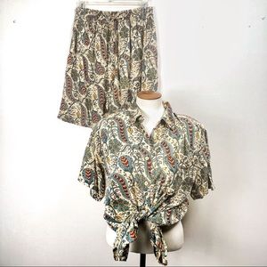 80s 2 Piece Matching Set Shorts Top Vintage Batik Aloha Tiki Print Size Medium